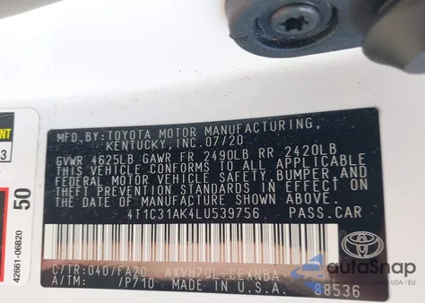 2020 Toyota Camry Le Hybrid из США, поврежденный, VIN 4T1C31AK4LU539756